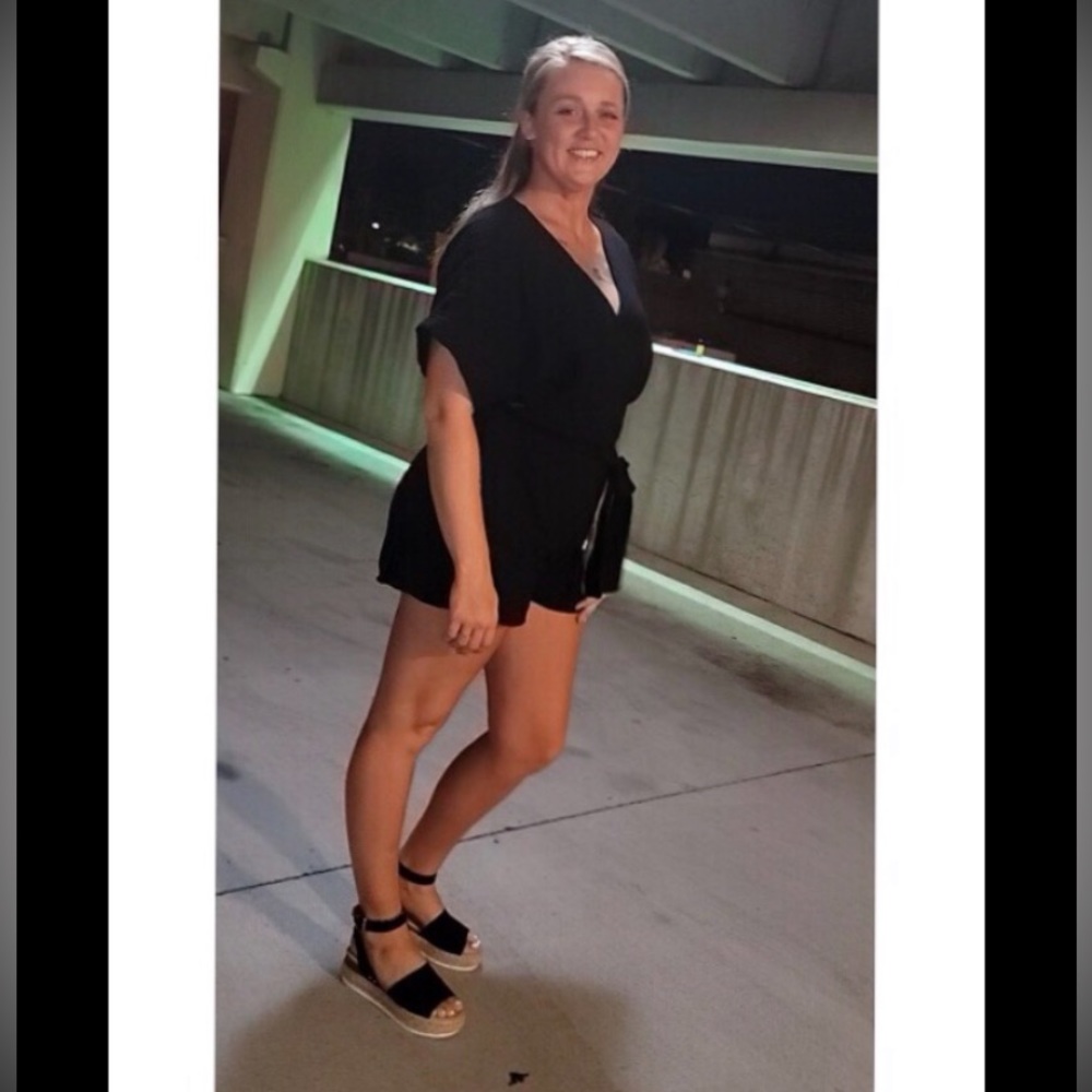 Solid Black Romper with Waist Tie